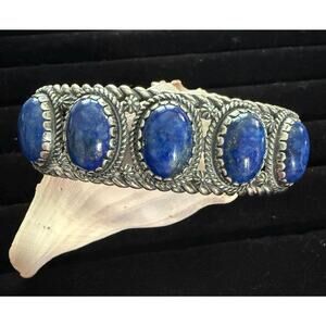 CAROLYN POLLACK SS Cuff Bracelet | 5 Lapis Lazuli Gems| Wisdom, Truth, Royalty